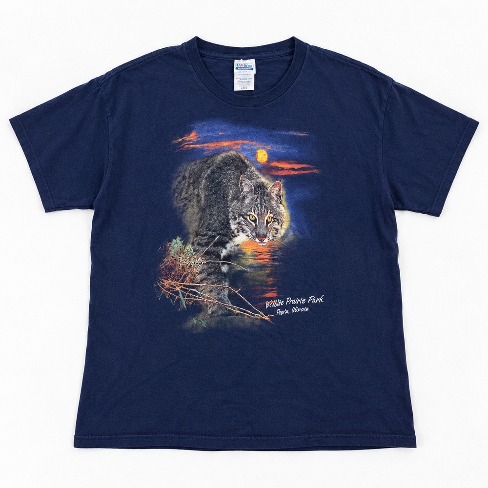 Nature Wildlife Prairie Park Peoria IL Bobcat Graphic Tee Navy Junior XL Cotton